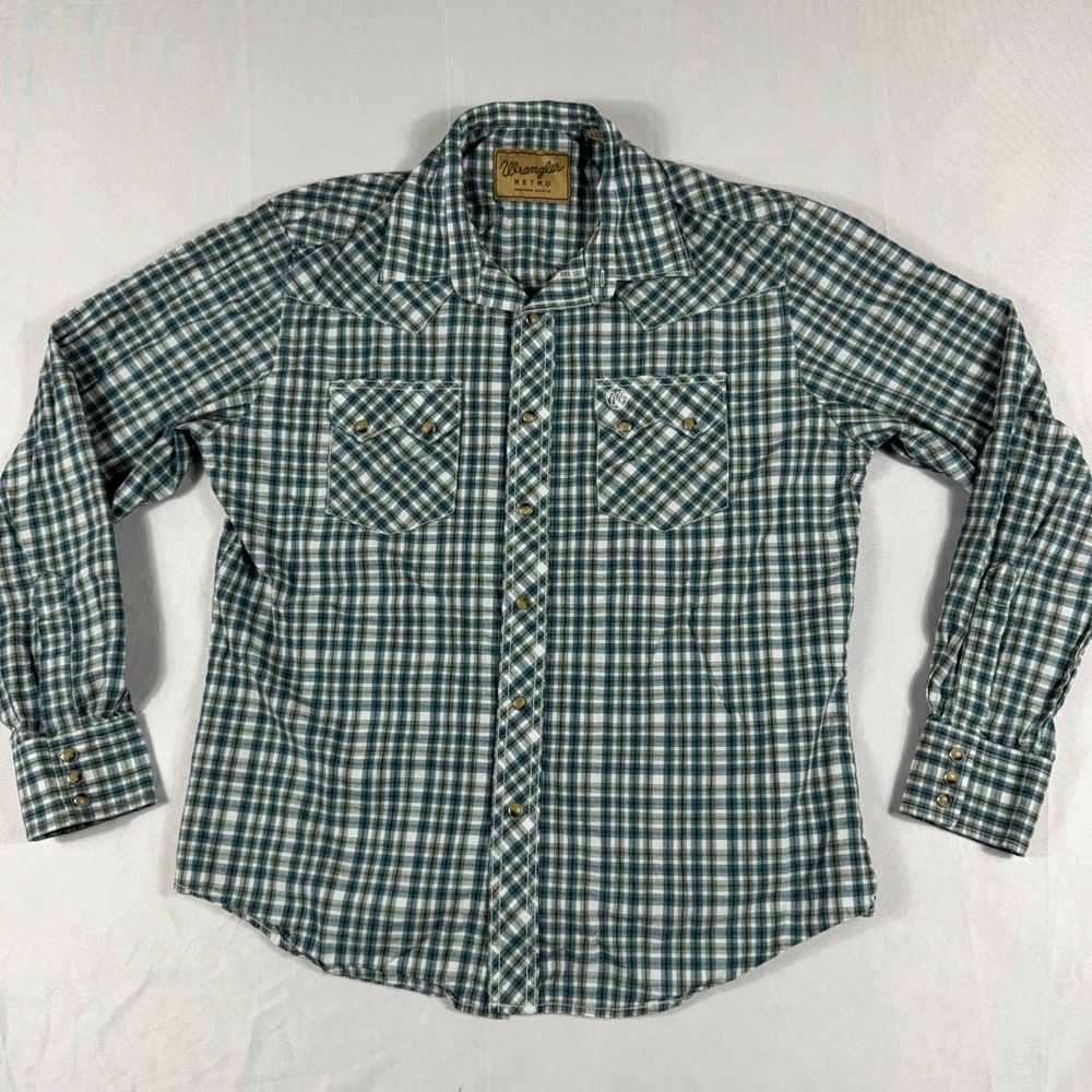Wrangler‎ Retro Western Shirt Plaid Pearl Snap Cotton Large Green White Blue